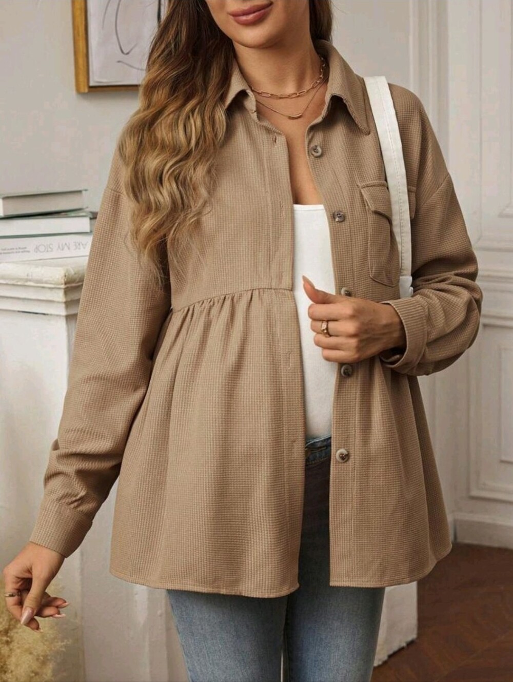 SHEIN Maternity Solid Color Casual Button-Up Long Sleeve Shirt